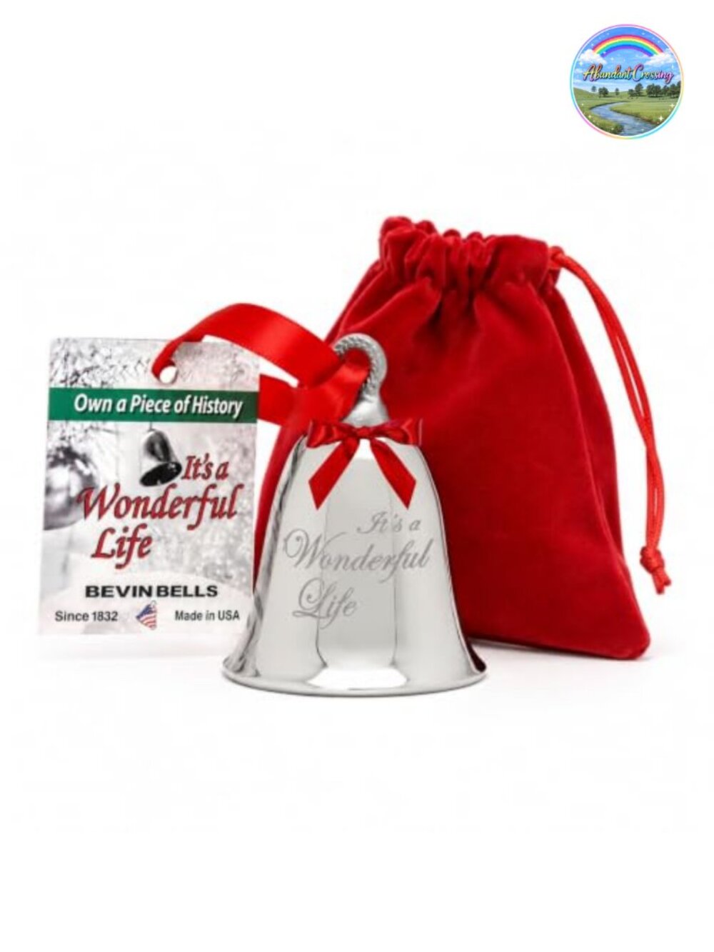 Steel Christmas Tree Ornament Bell Keepsake with Velvet Bag & Satin Cord